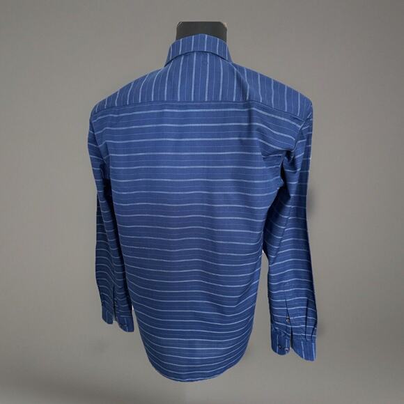 Premium Men’s Cotton John Morris Navy Striped Made In India Shirt Size LG EUC - Picture 3 of 10